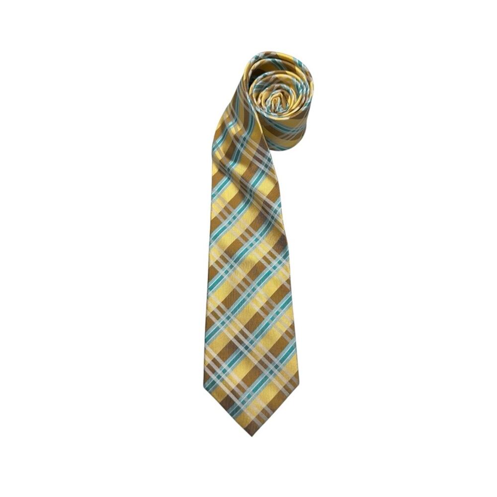 Bruno Piattelli Roma Vintage Yellow Brown Blue Plaid Silk Necktie Tie